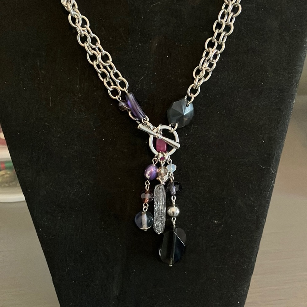 Silver and Purple Tassel Necklace with Crystal Beads